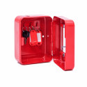 Key cabinet made of red steel sheet, in combination with glass and lock.