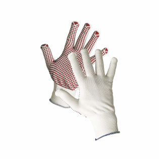 Knitted seamless nylon gloves, with PVC dots on palm and fingers and elastic knitted wrist.