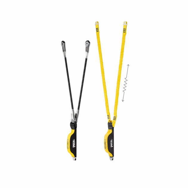 double lanyard with compact energy absorber, designed for progression on a vertical structure or a horizontal lifeline