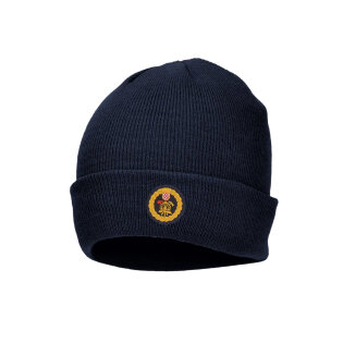 Winter woolen cap with a fire emblem, protects the head in the cold weather.