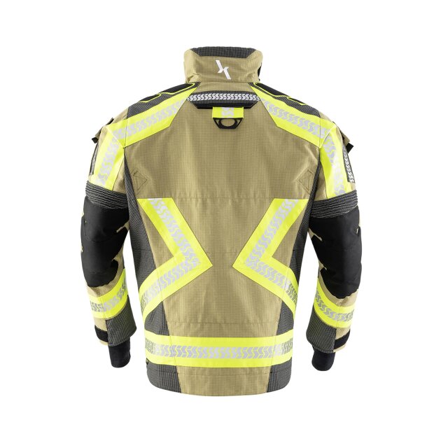 Protective firefighting suit for structural fire interventions.