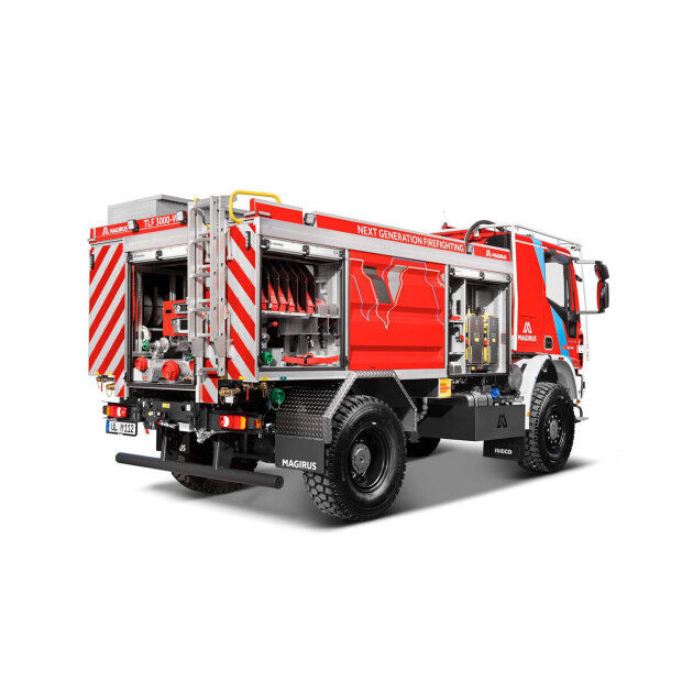 Forest firefighting vehicle for difficult to access terrain, with characteristics of a standard tanker pumper vehicle.