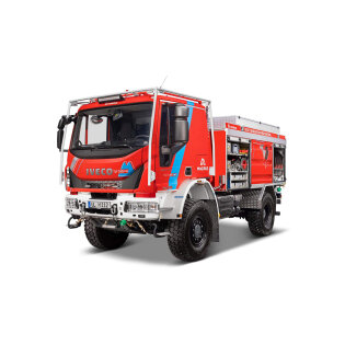 Forest firefighting vehicle for difficult to access terrain, with characteristics of a standard tanker pumper vehicle.