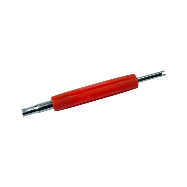 The double-sided screwdriver is designed for all standard valves on cars and trucks.