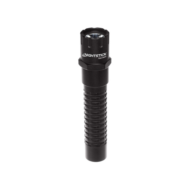 Tactical LED flashlight with a highly efficient parabolic reflector and a light beam range of up to 205 meters.