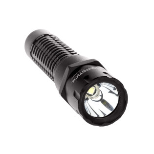 Tactical LED flashlight with a highly efficient parabolic reflector and a light beam range of up to 205 meters.