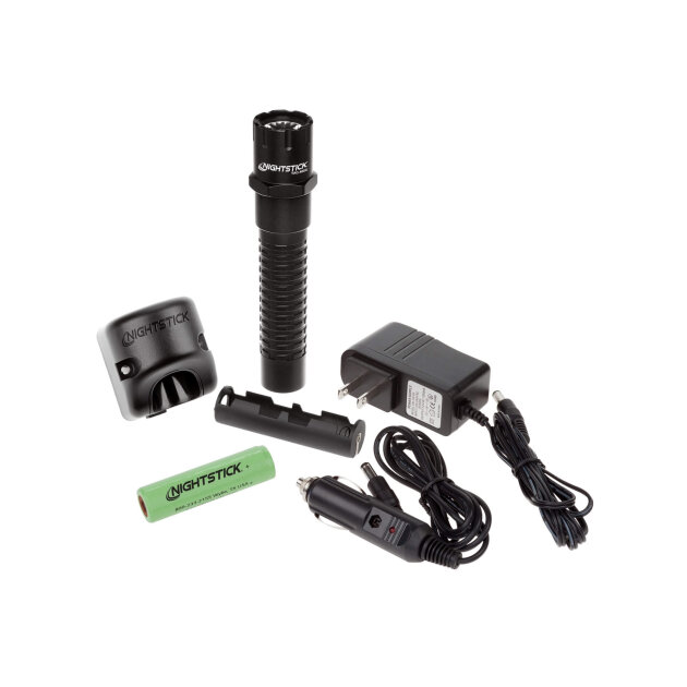 LED tactical flashlight with battery and charger, aluminum housing and light beam reach of up to 205 meters.
