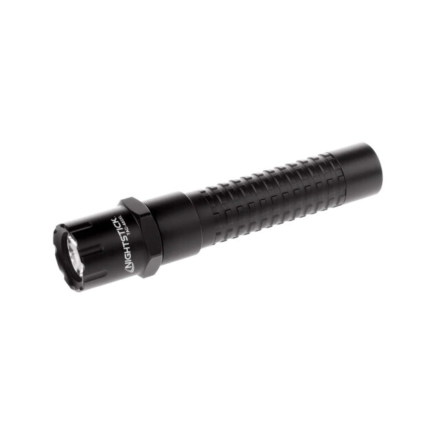 LED tactical flashlight with battery and charger, aluminum housing and light beam reach of up to 205 meters.