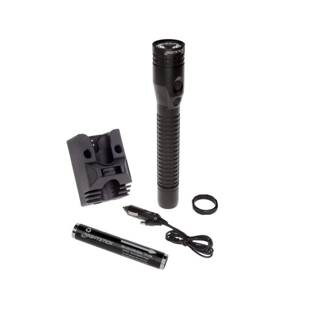 Rechargeable metal multi-function Dual-Light Flashlight, with usable beam rated at 304 meters.