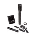 Rechargeable LED flashlight with dual-light and a magnet on the back of the flashlight body.