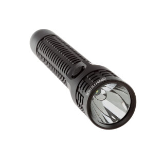 Rechargeable LED flashlight with a dual buttons and a beam of light that reaches 325 meters.