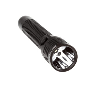 Rechargeable LED flashlight with a dual buttons and a beam of light that reaches 325 meters.