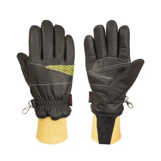 Firefighting gloves for structural fire with leather reinforcement and Porelle® FR membrane.