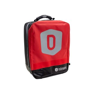 First aid emergency backpack with compartments for equipment for providing first aid to injured persons.