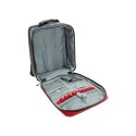 First aid emergency backpack with compartments for equipment for providing first aid to injured persons.