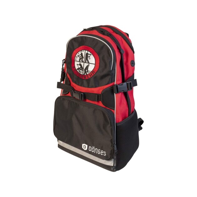 Multifunctional backpack for firefighters, with reflective strips for better visibility and functional compartments for equipment.