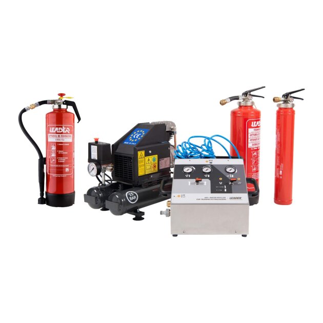 Leader FILL-EX air/water recharging system allows up to 3 training extinguishers to be recharged simultaneously without opening them.