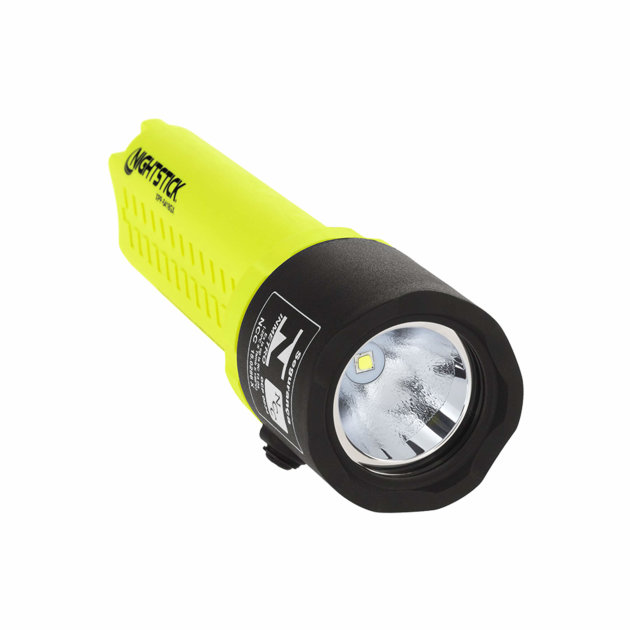 Flashlight for mounting on fire helmet and work at reduced visibility.