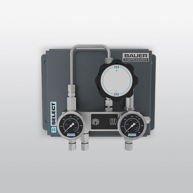 The automatic selector unit enables compressed air cylinders (cylinders) to be filled quickly at the filling panel from a single storage system (buffer) and via the compressor simultaneously.