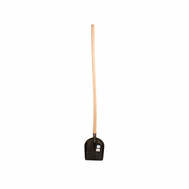 Shovel with wooden handle for collecting bulk material.